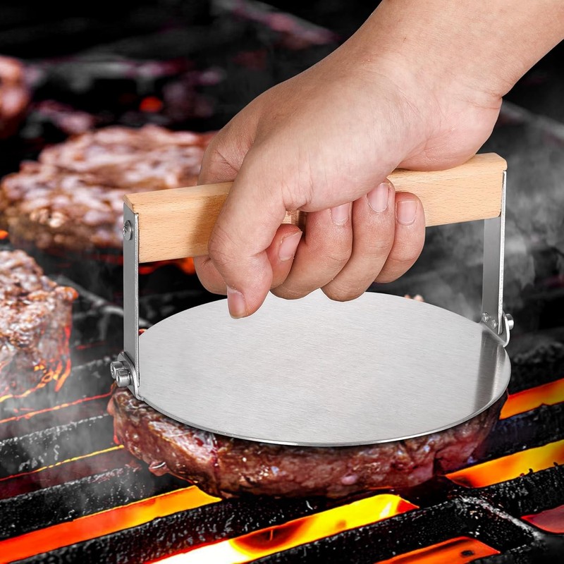 Smash Burger Press 6 Inch Round Stainless Steel Burger Smasher with Wood Hand... gallery