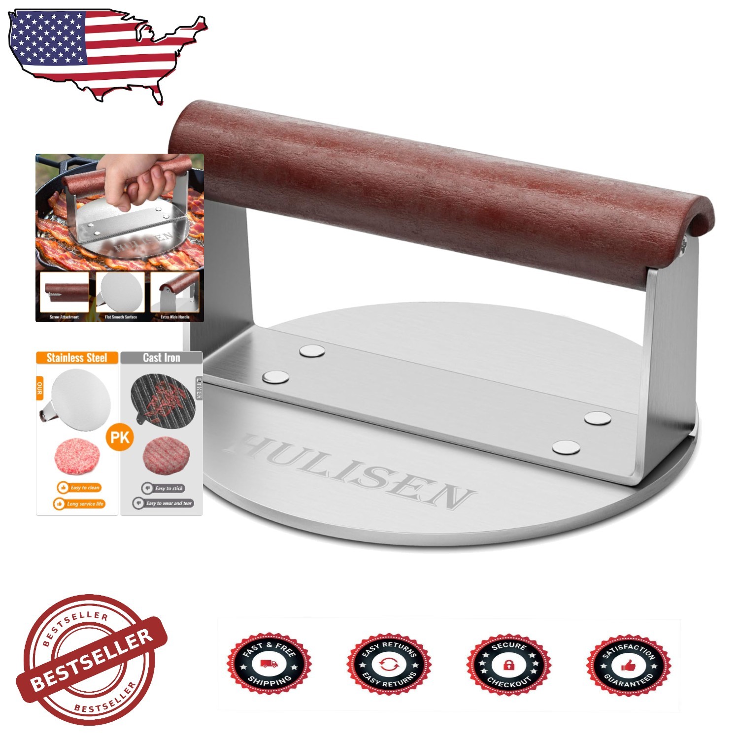 Heavy-Duty 6" Stainless Steel Burger Smasher, Grill Press, Wood Handle, BBQ Tool gallery