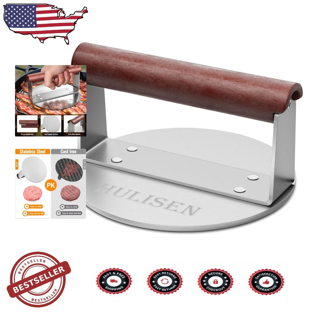 Heavy-Duty 6" Stainless Steel Burger Smasher, Grill Press, Wood Handle, BBQ Tool