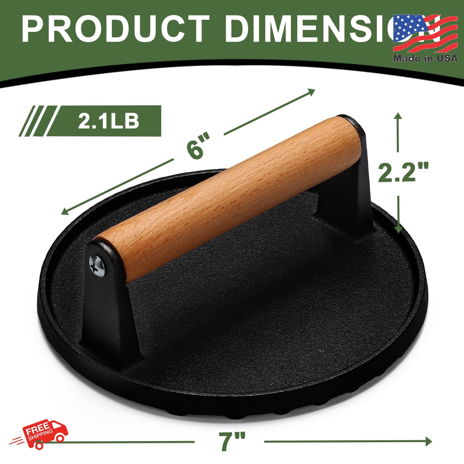 EWFEN Burger Press, 7" Round Heavy-Duty Cast Iron Smash Bacon Press Meat Steak w gallery
