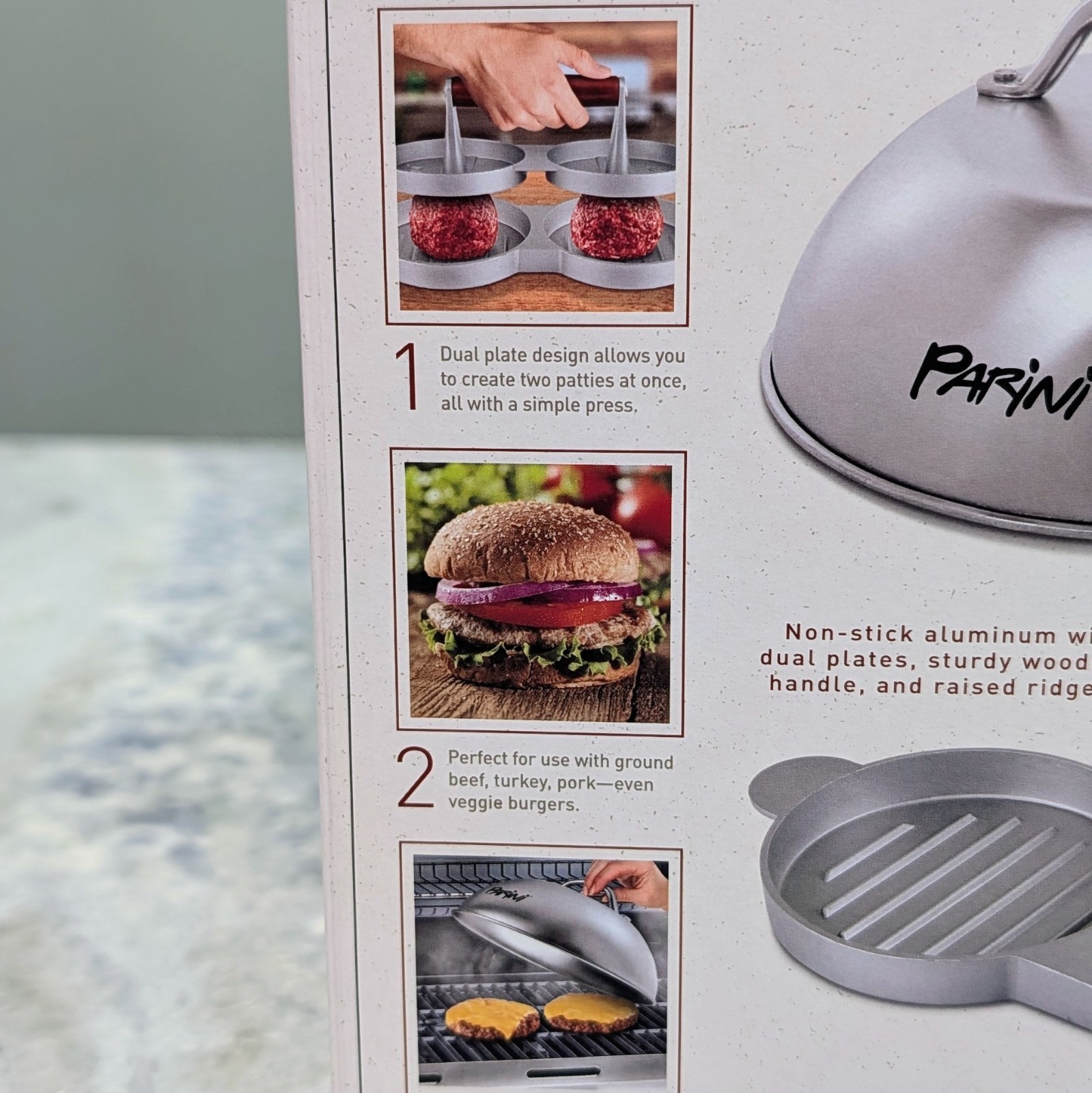 Double Burger Press And Cheese Melting Dome . Nonstick Stainless Steel NIB gallery