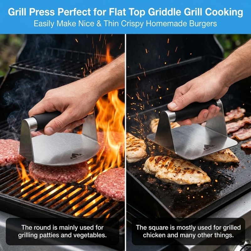 Stainless Steel Burger Press 5.5 Inch Round Square Masher Silicone 100 Papers gallery