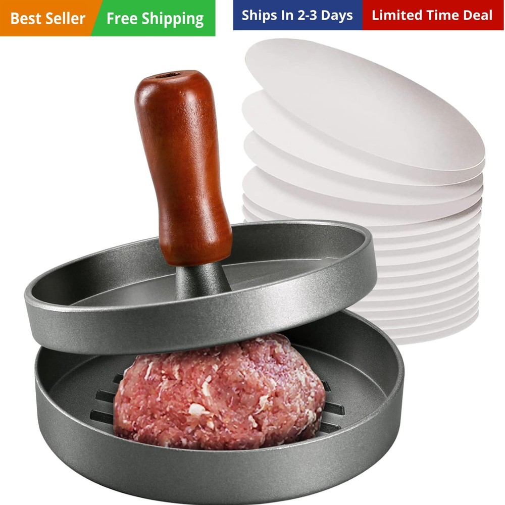 Burger Press Patty Maker Stainless Steel Hamburger Patty Press Mold Wood Hand...