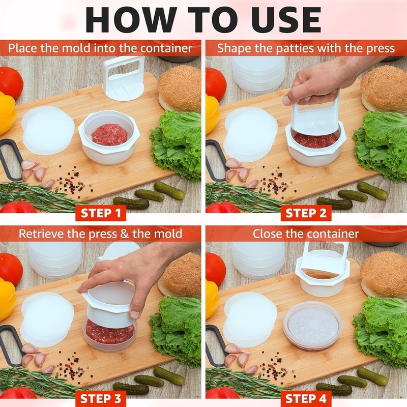 Hamburger Press Patty Maker 4 in 1 Plastic Mold Storage Containers Kitchen Tool gallery