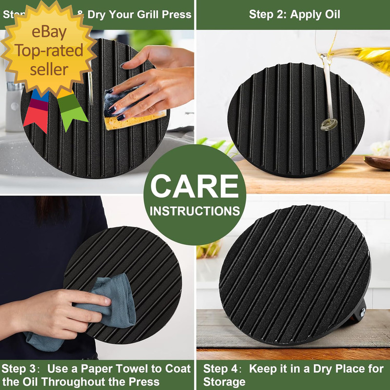Burger Press 7 round Heavy Duty Cast Iron Smash Bacon Press Meat Steak with Wo gallery