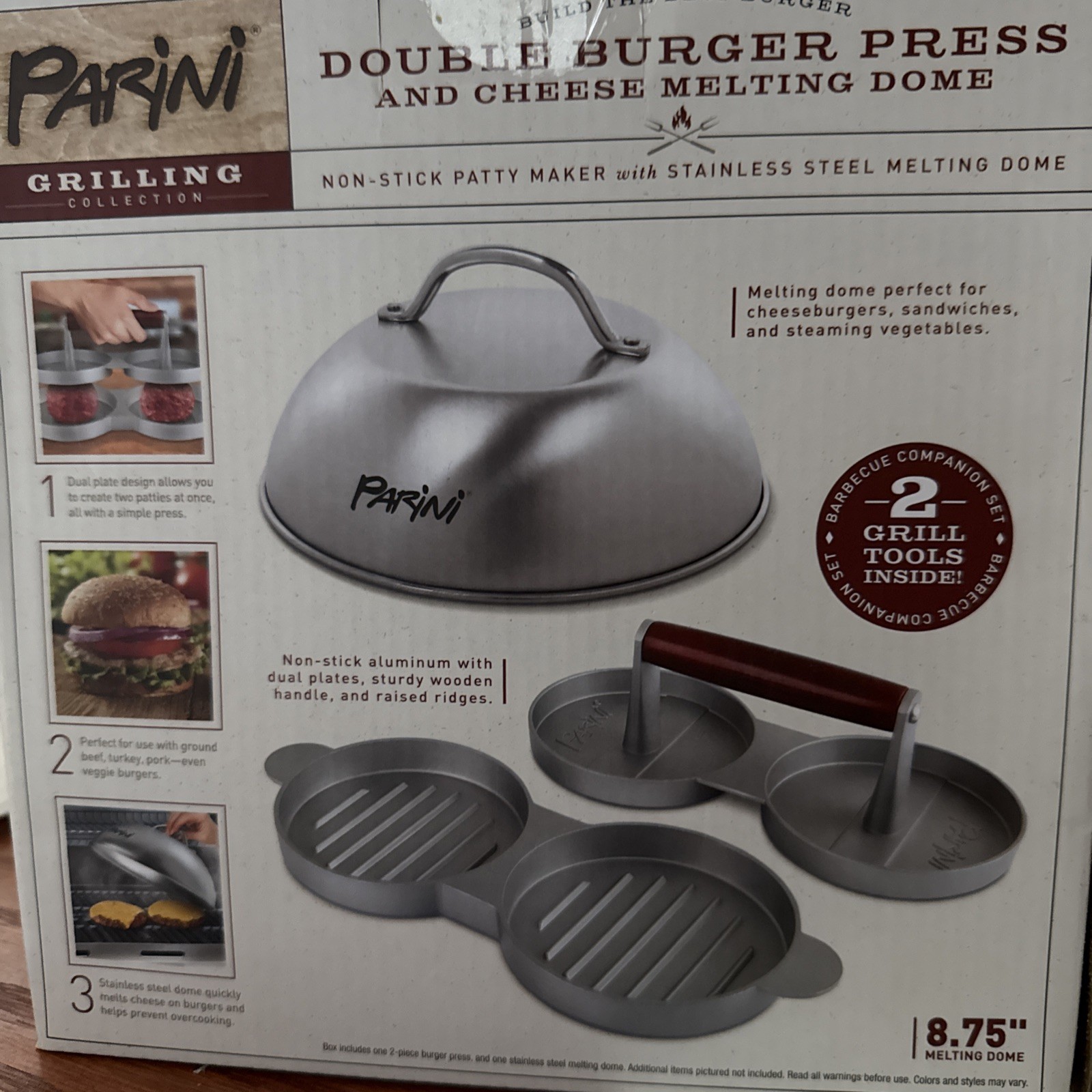 Parini Double Non-Stick Burger Press & Cheese Melting Dome 8.75" NIB gallery