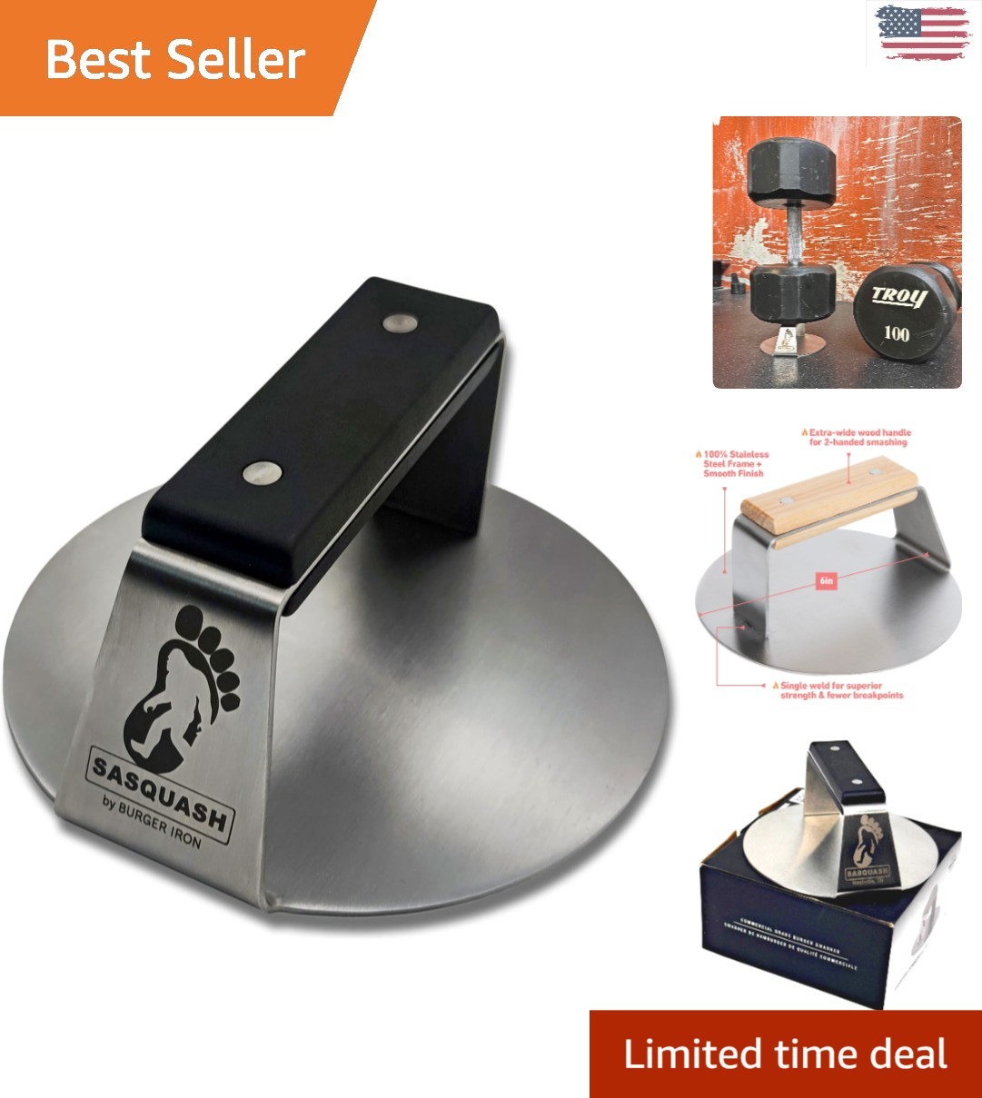 Heavy-Duty 6" Sasquash Smash Burger Press with Flat Handle for Perfect Patties gallery