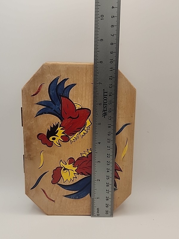Vintage Wooden Wood Hamburger Press Hand Painted Folk Art Chickens Rooster gallery