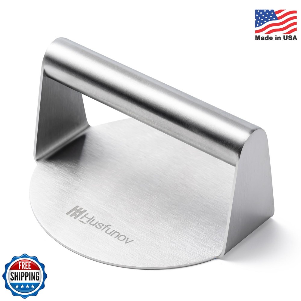 Husfunov Stainless Steel Burger Press, 5.5 Inch Round Smasher,Non-Stick Smooth H