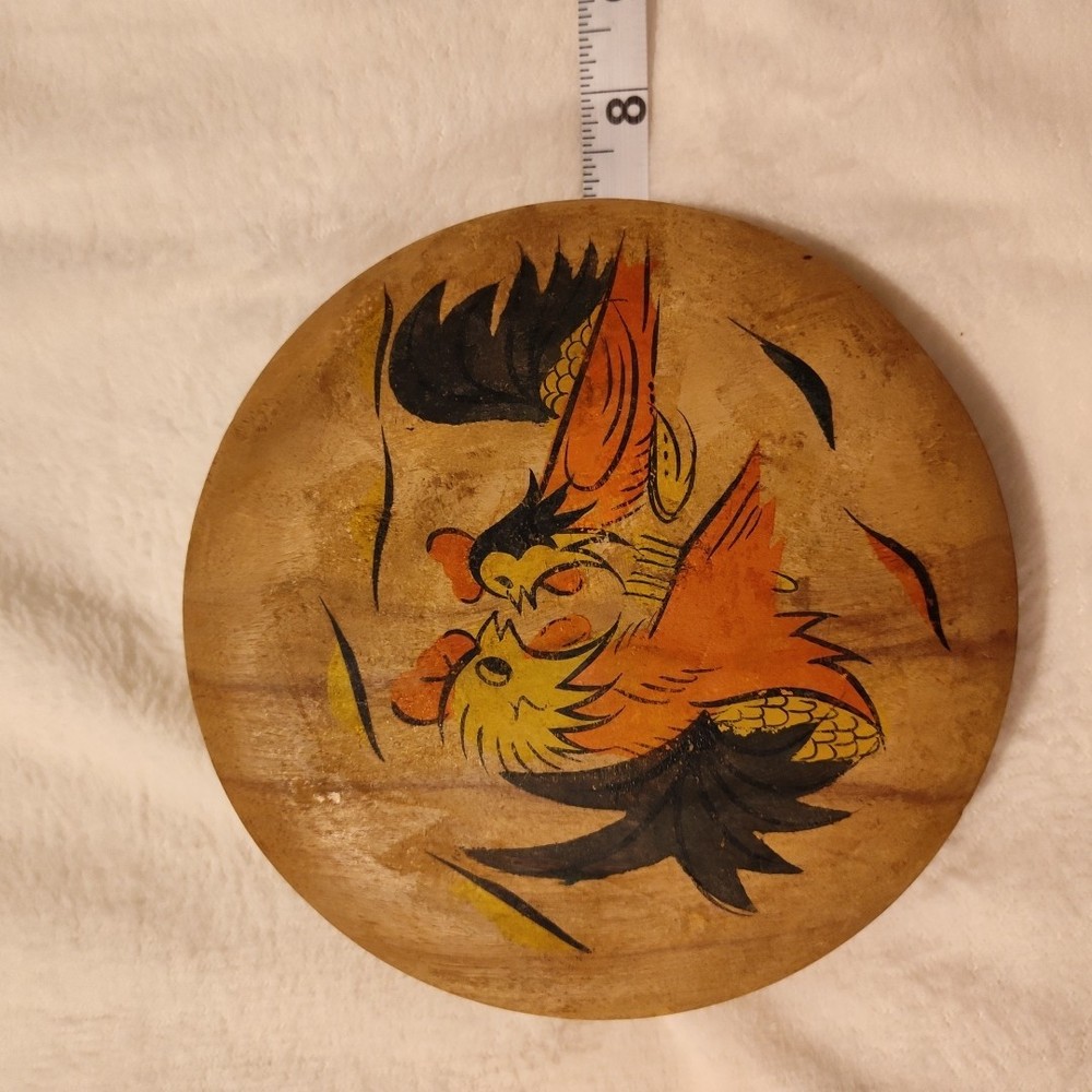VINTAGE Wooden Hamburger Press Roosters 1950's Great Wall Decor