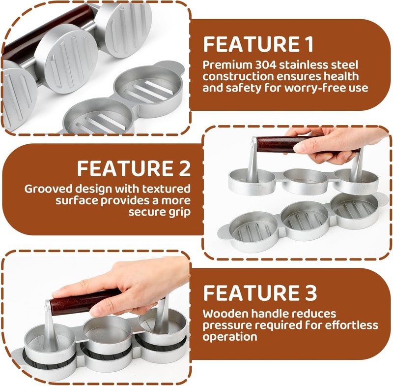 Mini Burger Press 3 Slots Slider Sausage Patty Press W/ 100 Patty Papers Heavy gallery