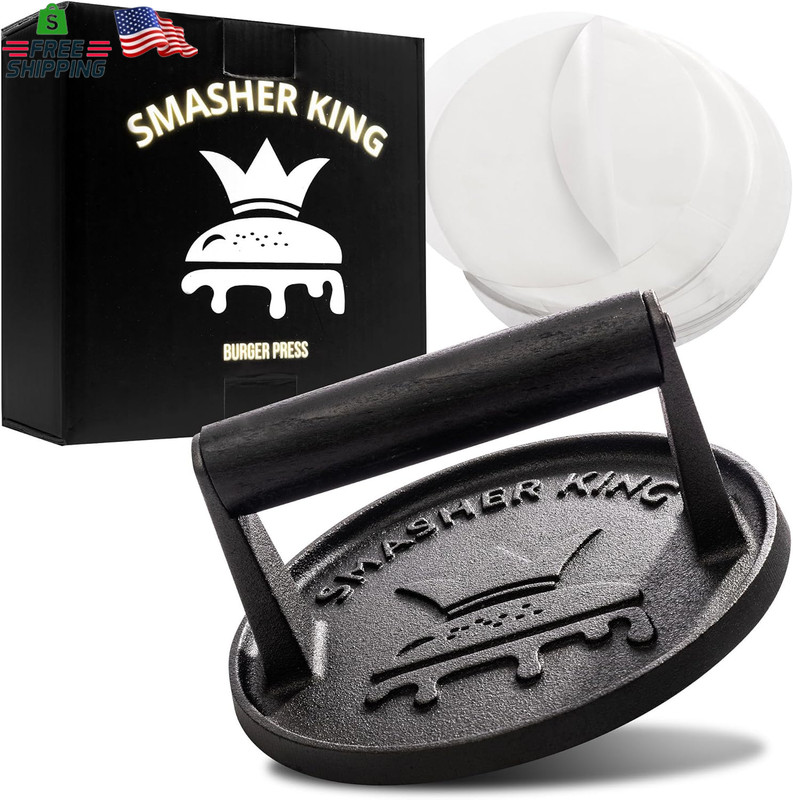 SMASHER KING™ - Premium Cast Iron Smash Burger Press Incl. 25 Pcs of Patty Paper gallery