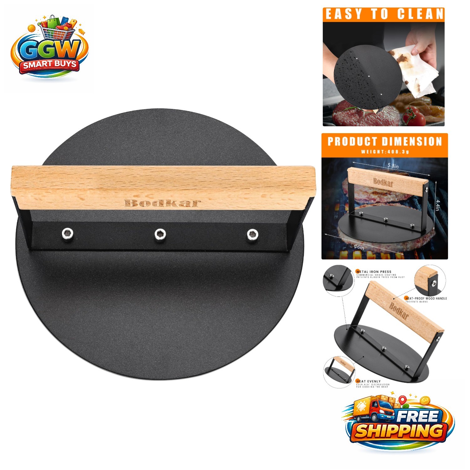6-Inch Round Smasher Burger Press with Wooden Handle - Perfect Grilling Tool gallery