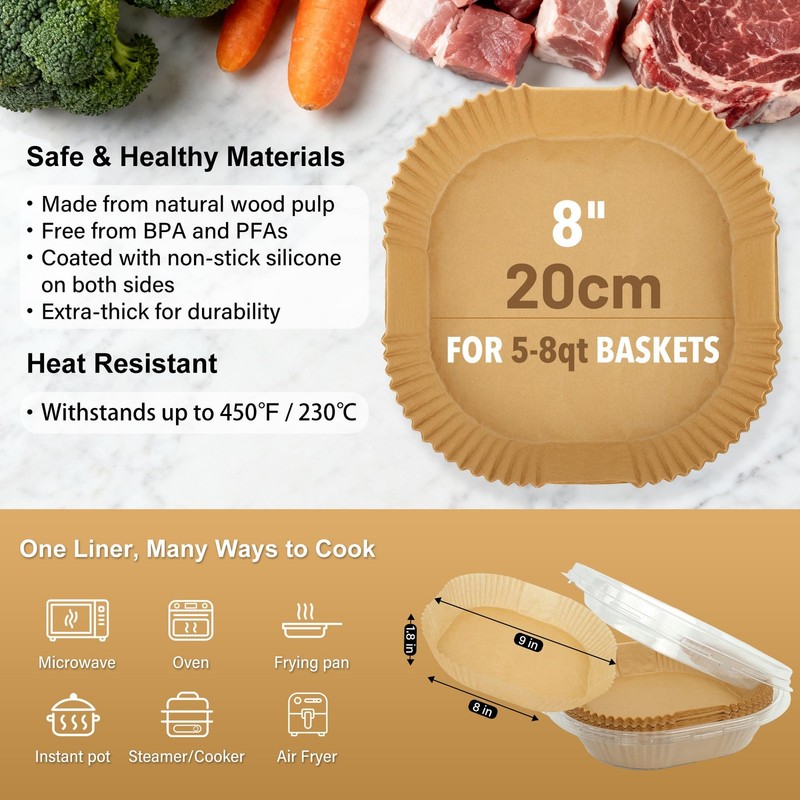 Breznoa Air Fryer Paper Liners, 200 Pcs 8" Square 200Pack, Natural Brown gallery