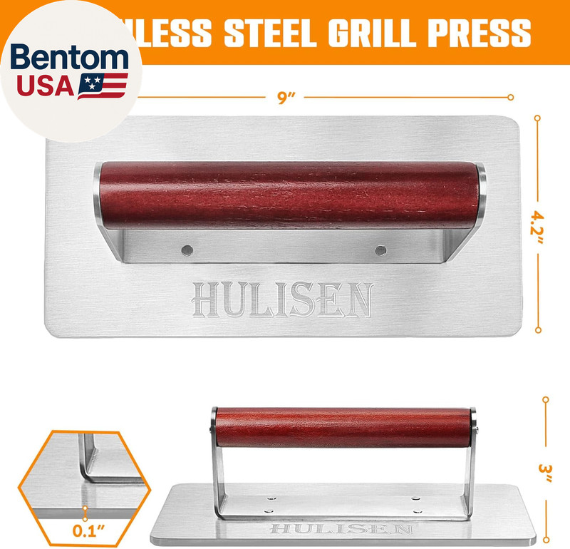 Stainless Steel Bacon Press, 9 Inch Large Heavy Duty Burger Press with Wood Hand gallery