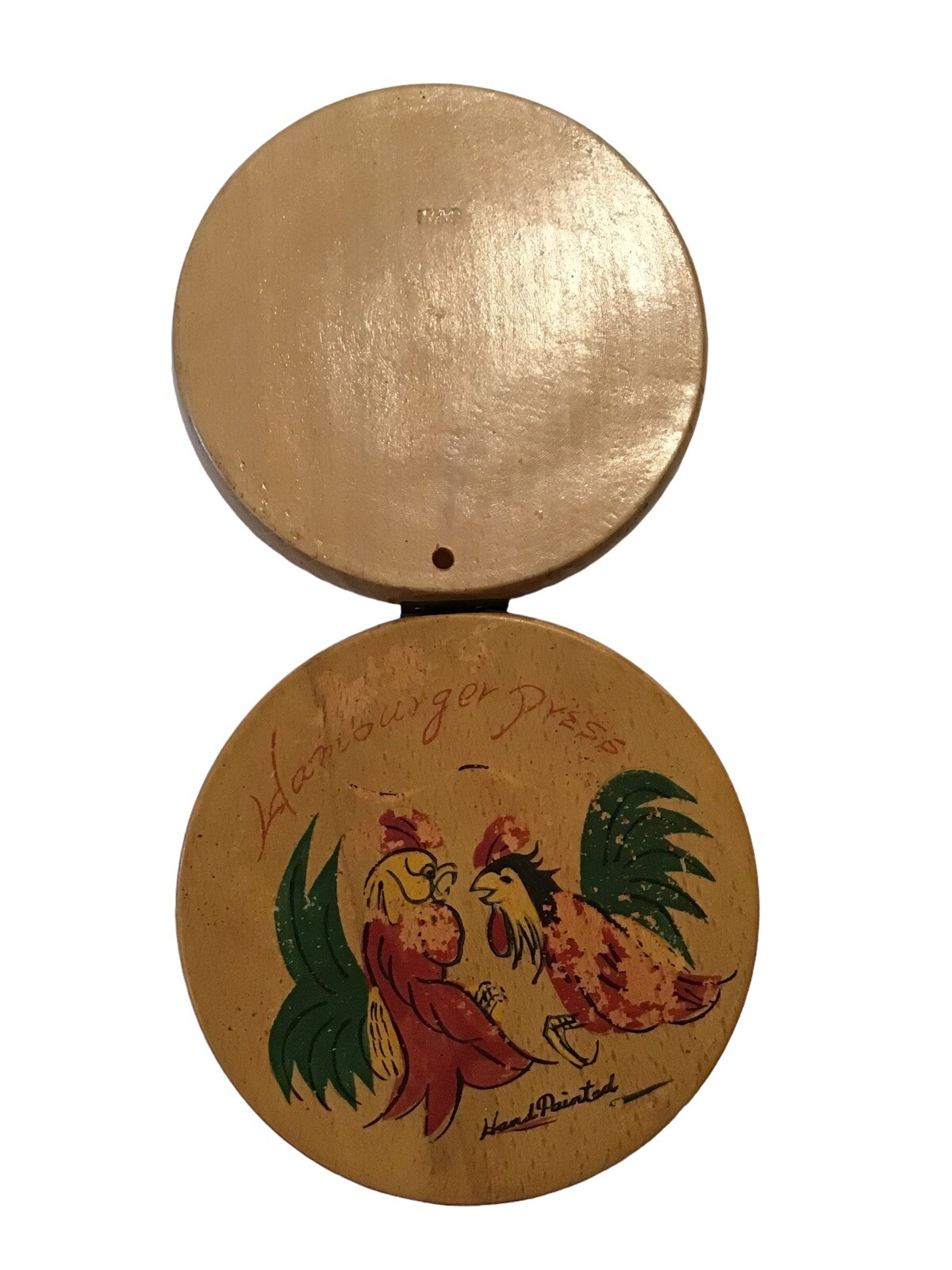 Vintage Roosters Chickens Round Wooden Hamburger Press Hand Painted gallery