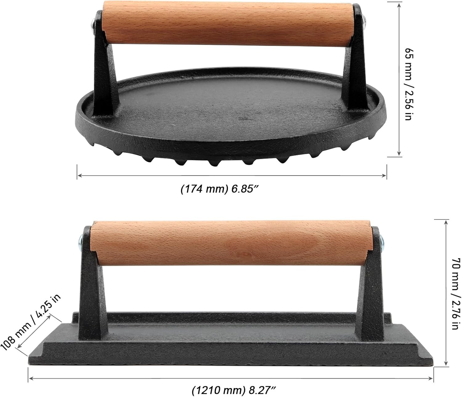 2 Pack Cast Iron Grill Press Set, 6.8" Round & 8" Rectangle Heavy Bacon Griddle gallery