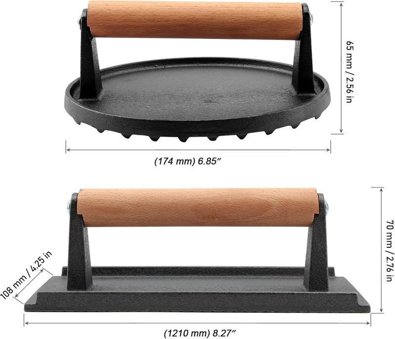 2 Pack Cast Iron Grill Press Set, 6.8" Round & 8" Rectangle Heavy Bacon Griddle gallery