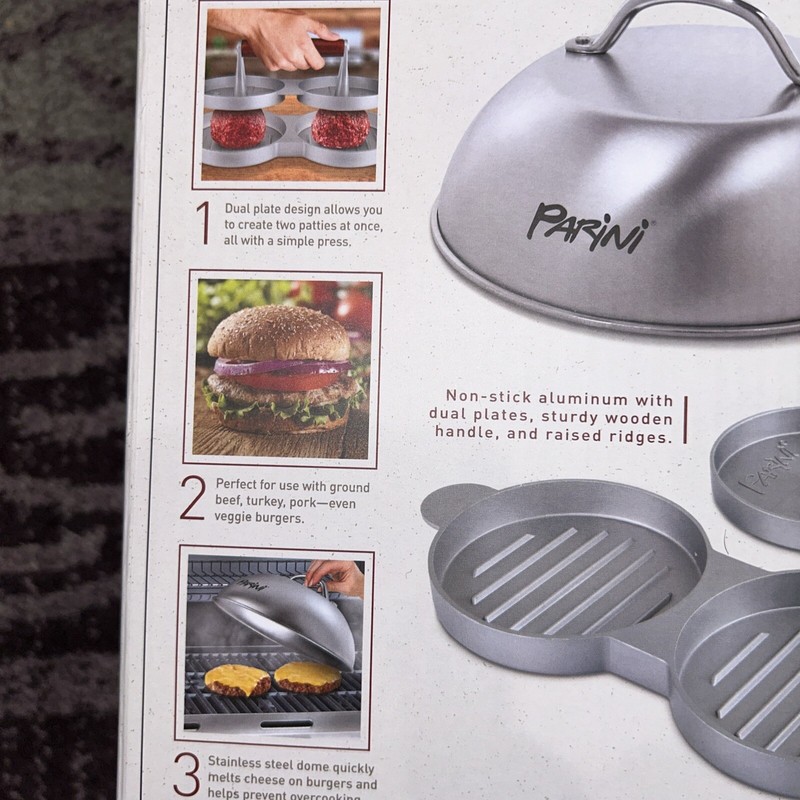 NIB Parini Double Non-Stick Burger Press & Cheese Melting Dome 8.75" gallery