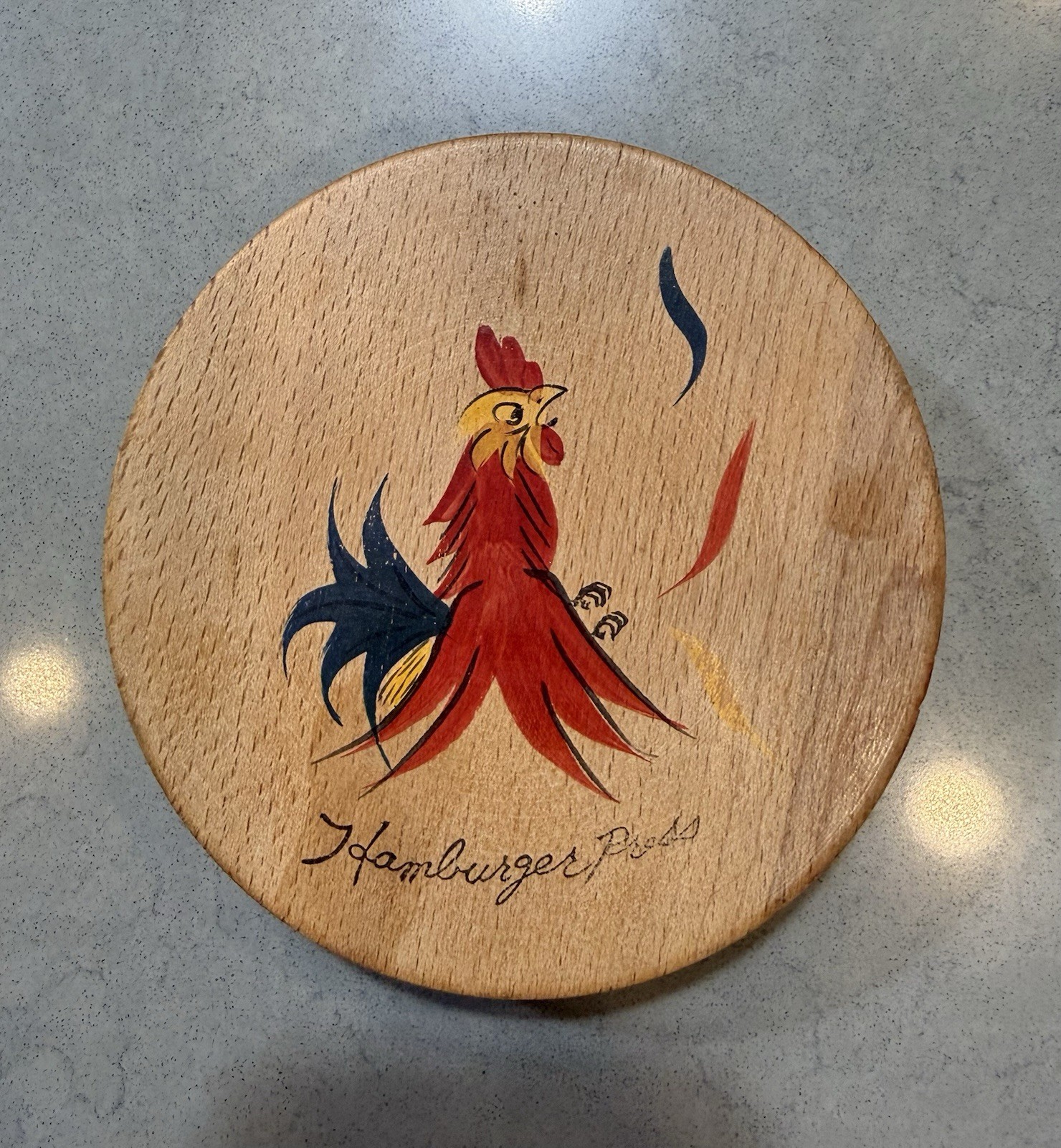 vintage wooden rooster hamburger press, lfrom 1950 and made in Japan. gallery