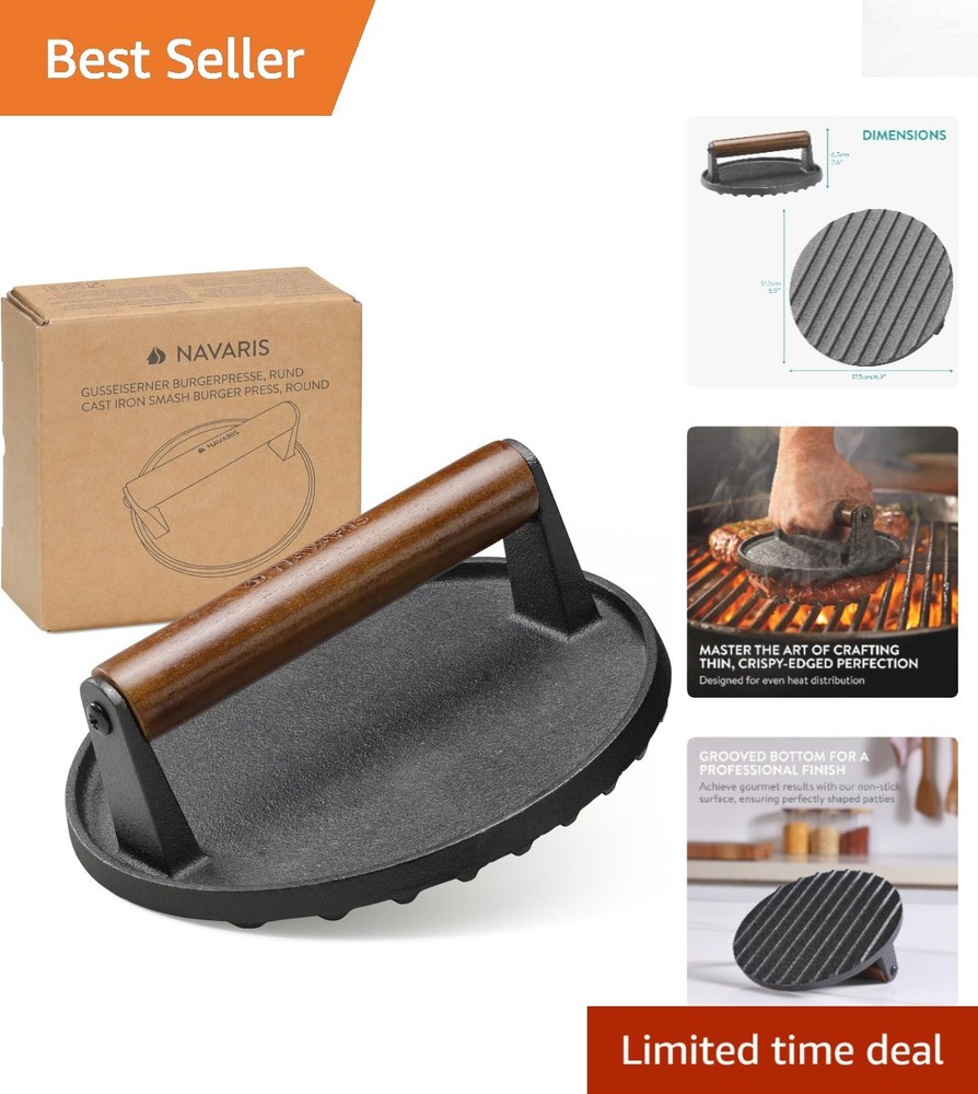 Ergonomic Cast Iron Burger Smasher for Perfectly Seared Patties - BBQ Essential