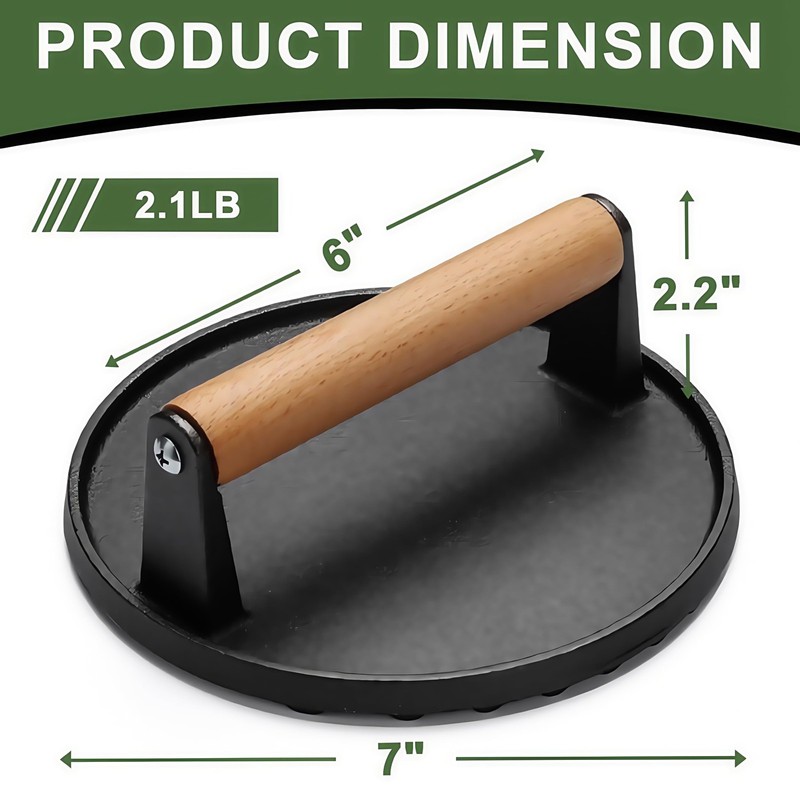 Cast Iron Grill Press with Ribbed Base, 2LB 7 Inch 7" x 6" x 2.2", Black gallery