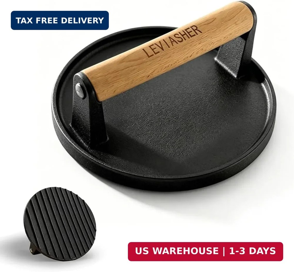 2.3lb Steak Weight & Burger Press, Striped Base, 7" Heavy Duty Cast Iron Grill P