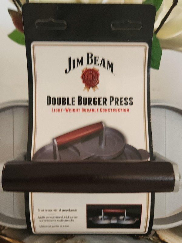 NEW Jim Beam Double Burger Press Light Weight Wood Handles Embossed Beef Patty gallery