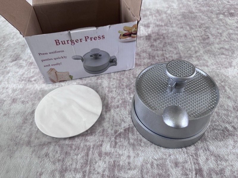 Adjustable Aluminum Burger Press Patty Maker 1/4lb to 3/4lb - Includes Papers gallery