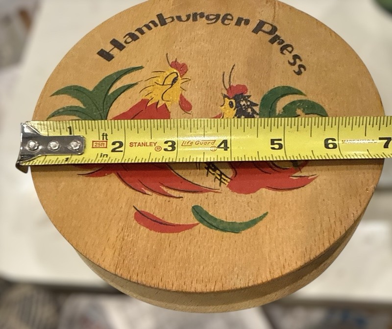 Wood Hamburger Round Press 7" Vintage Painted Roosters Hinged Primitive Decor gallery