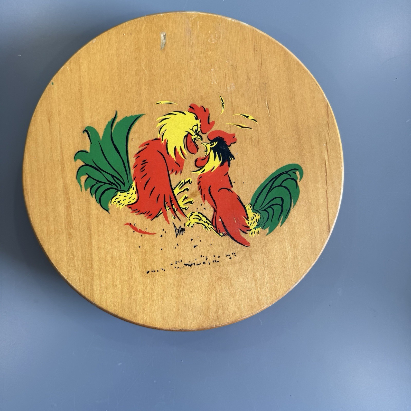 Vintage Wooden Hamburger Press Two Fighting Roosters Chickens Multi Color gallery