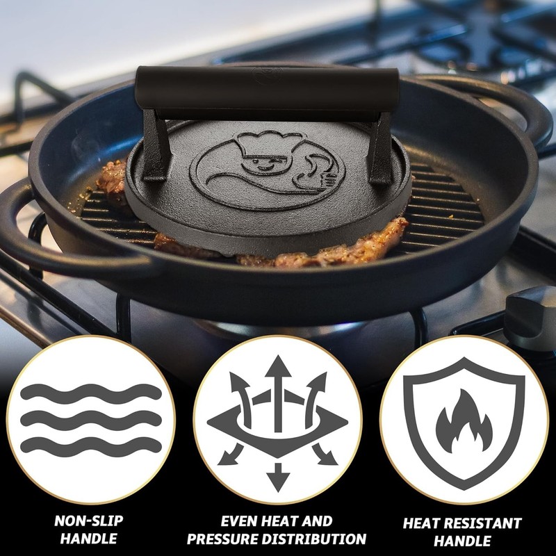 Compact 6" Cast Iron BBQ Smasher Tool - Achieve Flavors & Perfect Grilling Marks gallery