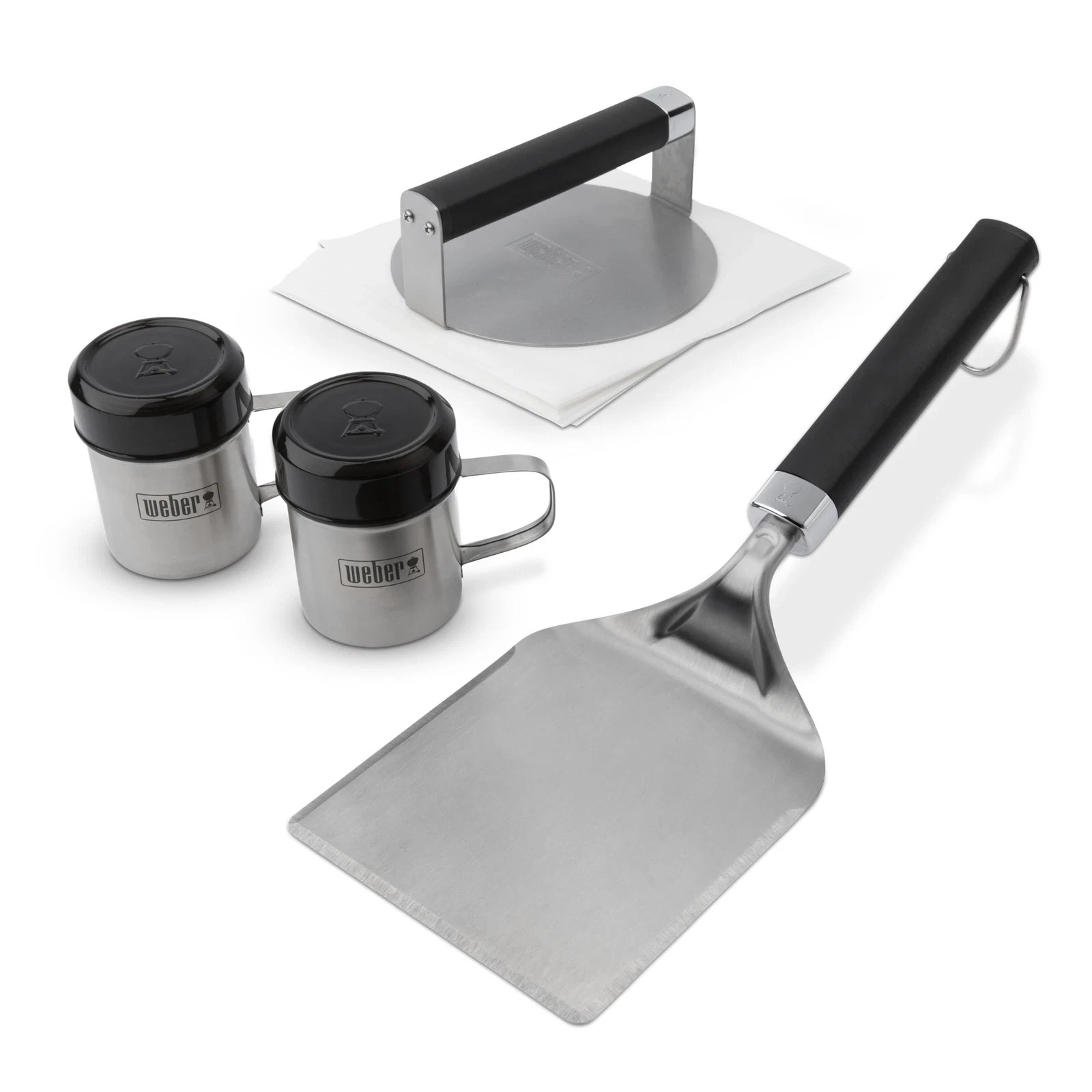 NEW WEBER STAINLESS GRILLING SET SMASHED BURGER PRESS SPATULA SPICE SHAKERS gallery