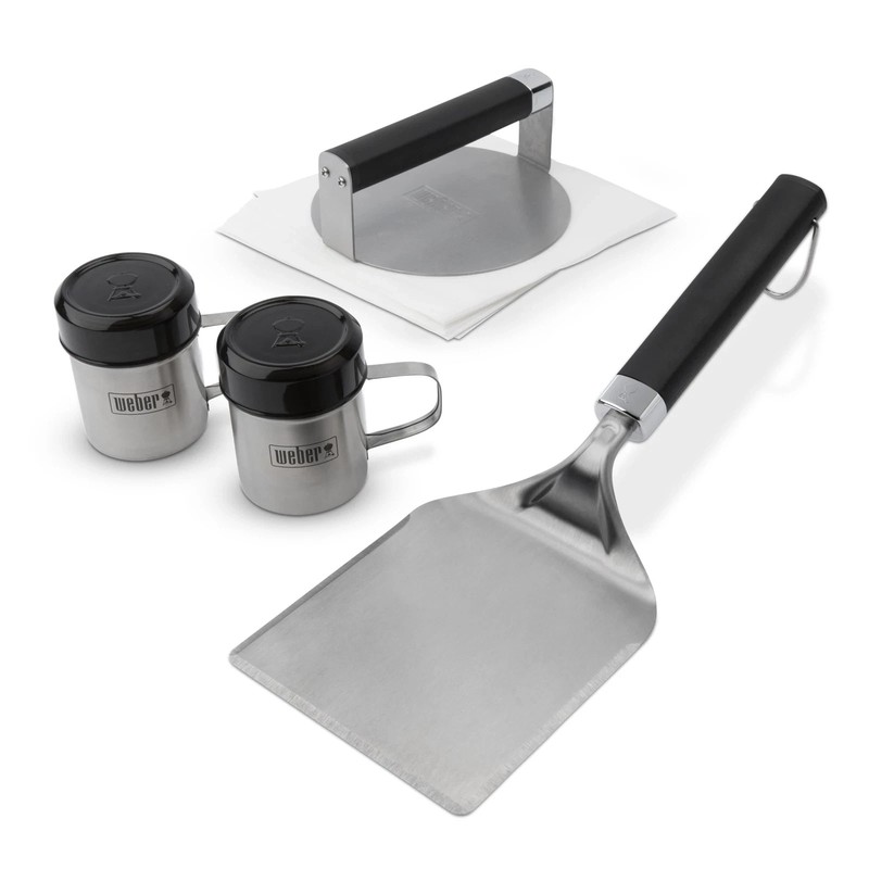 NEW WEBER STAINLESS GRILLING SET SMASHED BURGER PRESS SPATULA SPICE SHAKERS gallery