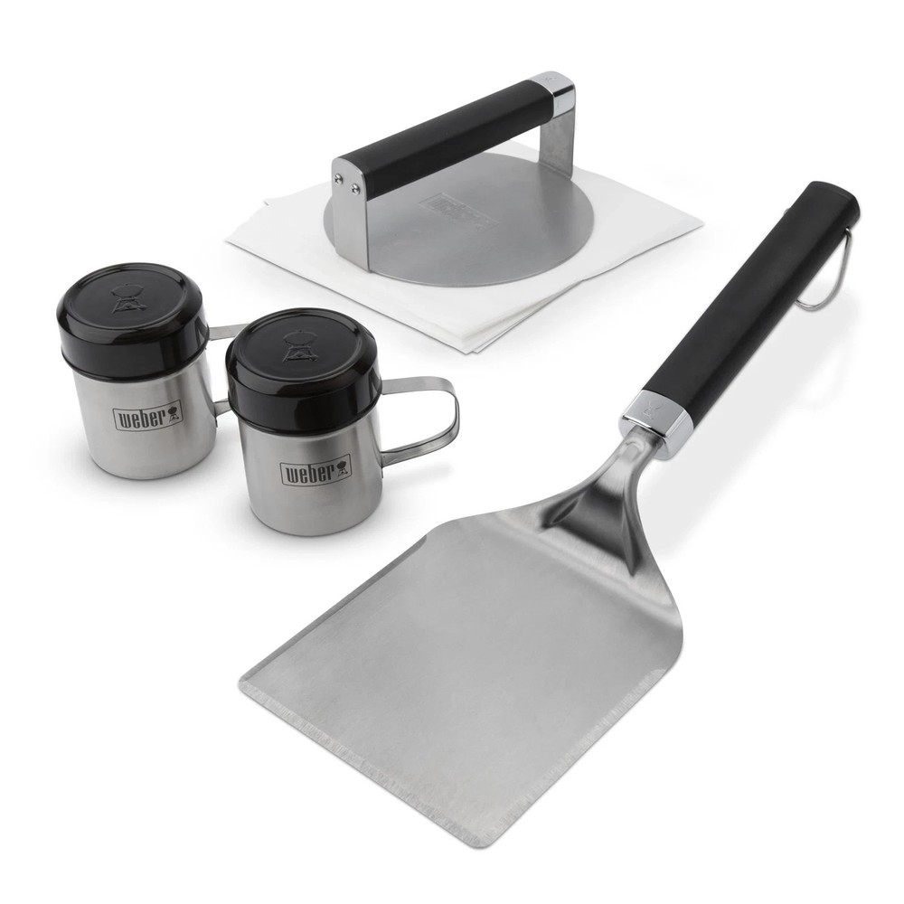 WEBER GRIDDLE SMASHED BURGER SET BURGER PRESS WIDE SPATULA WEBER SPICE SHAKERS