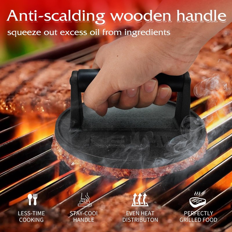 Burger Smasher 6.5" Round Smash Burger Press Heavy-Duty Cast Iron Smash Burge... gallery