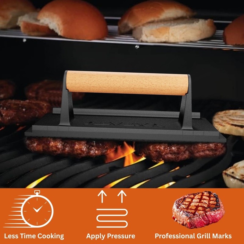 Cast Iron Burger Press 2.21lb Heavy Duty Griddle Smasher Wood Handle Kit gallery