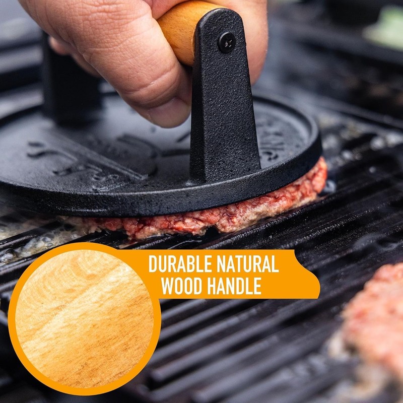Versatile Cast Iron Burger Press and Smasher - Includes Parchment Paper Sheets gallery