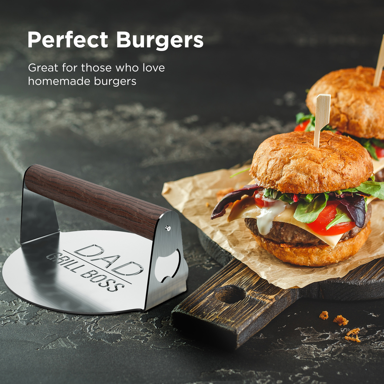 Grilling Gift for Dad Round BBQ Smash Burger Hamburger Press “Dad Grill Boss” gallery