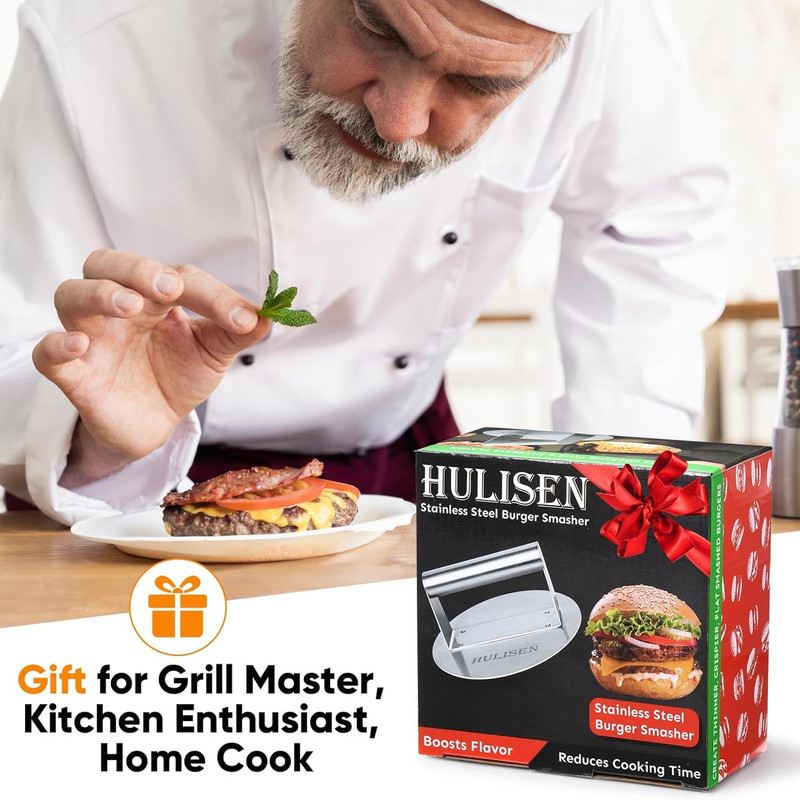HULISEN Stainless Steel Burger Press, 6.2 Inch round Burger Smasher, Professiona gallery