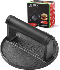 Pre-Seasoned Cast Iron Burger Press, Heavy Duty 6” Burger Smasher for Griddle wi