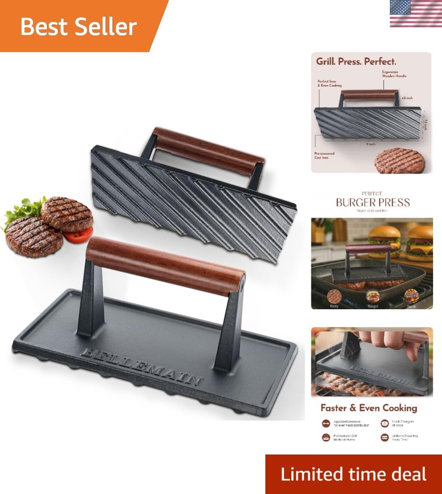 Heavy-Duty Cast Iron Grill Press for Perfectly Seared Bacon & Steak, 2.6 lbs