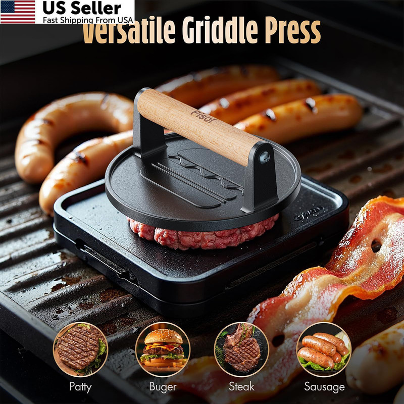 Pisol Smash Burger Press, Pre-Seasoned Cast Iron Hamburger Smasher, 2 Round gallery