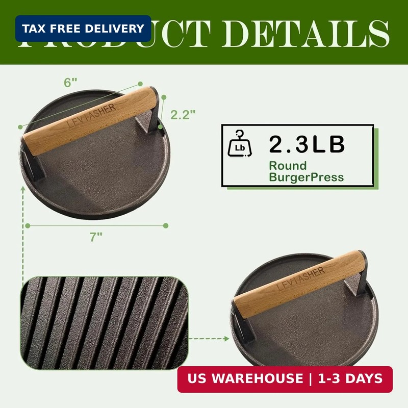 2.3lb Steak Weight & Burger Press, Striped Base, 7" Heavy Duty Cast Iron Grill P gallery