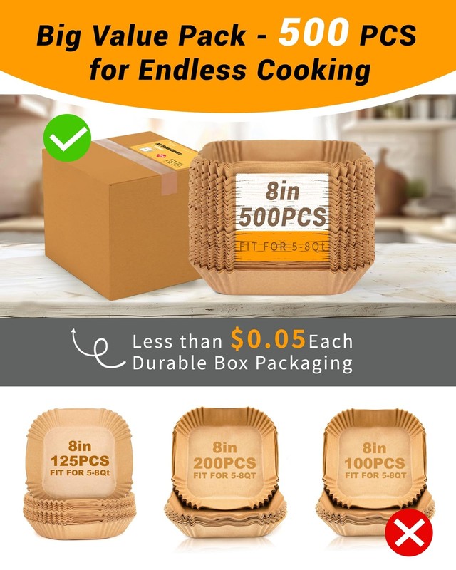 500Pcs Air Fryer Paper Liners, 8” Square Disposable 8 inches, Natural gallery