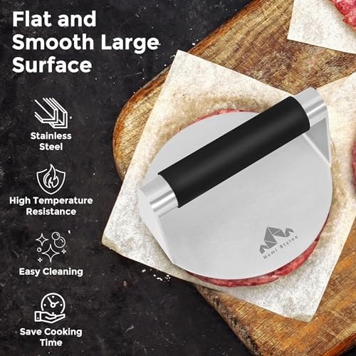 Stainless Steel Burger Press 5.5" Round & Square - Non-Stick Meat Masher + 100 P gallery