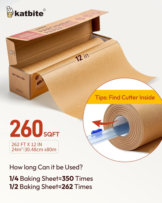 Unbleached Parchment Paper Roll for Baking 12in x 12 in x 262 ft, Brown gallery