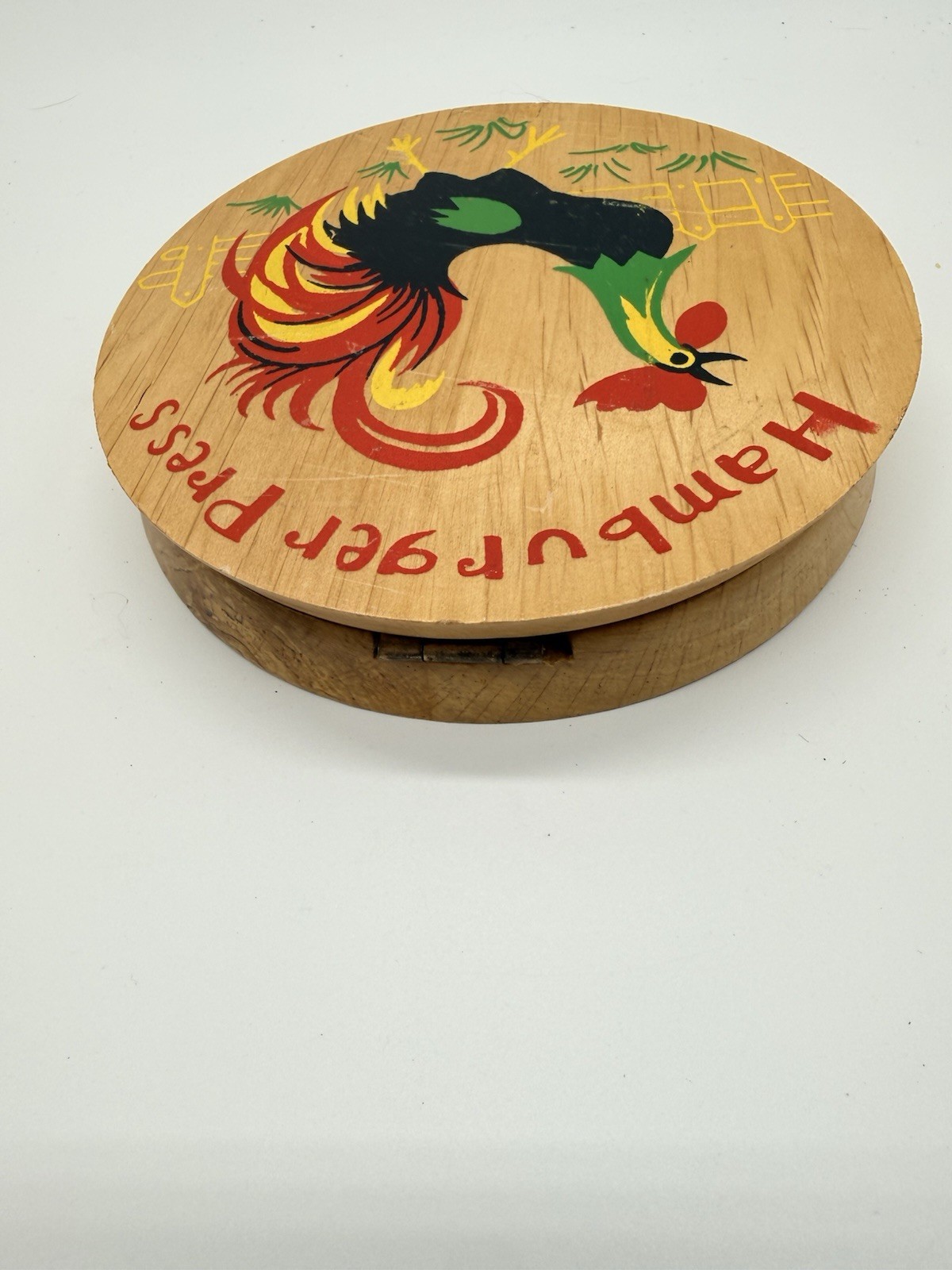 Vintage Wooden Hamburger Press Hinged Kitchen King MCM Rooster gallery