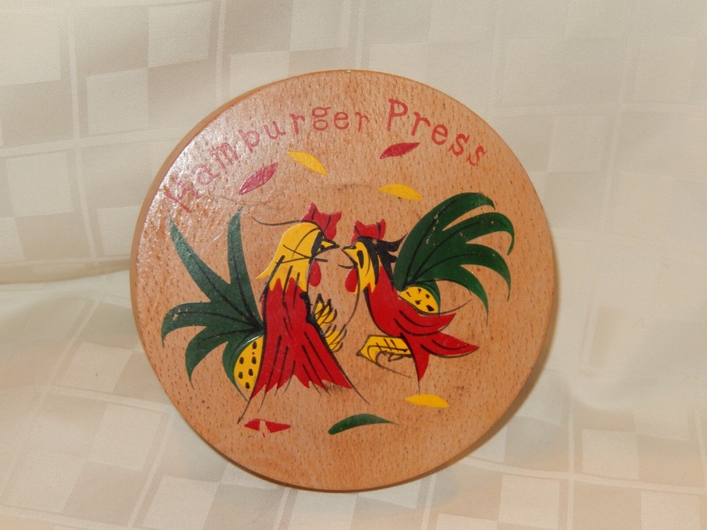 Vintage Wood Roosters Hamburger Press