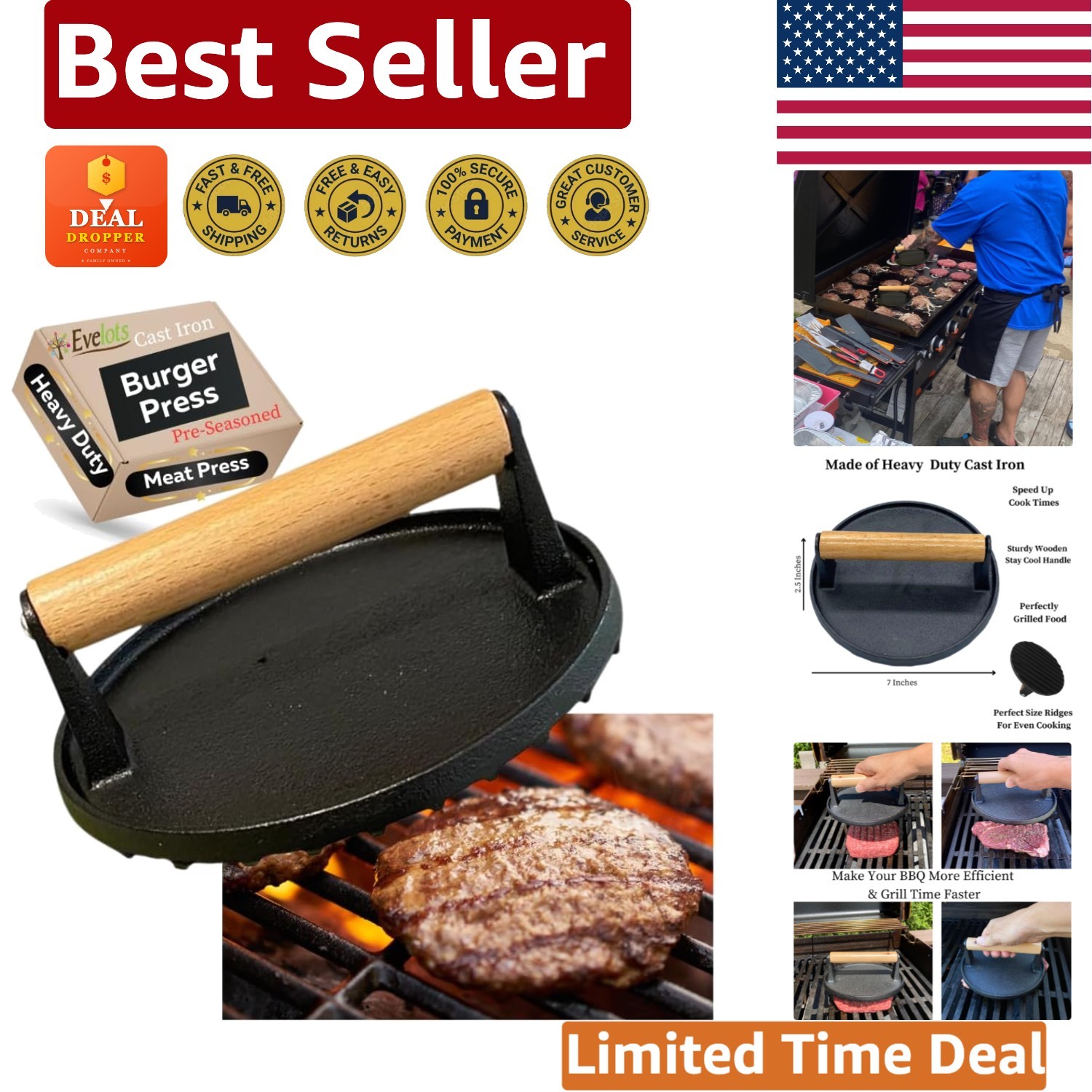 Pre-Seasoned Cast Iron Burger Smasher - Multi-Use Grill Press with Wood Handle gallery